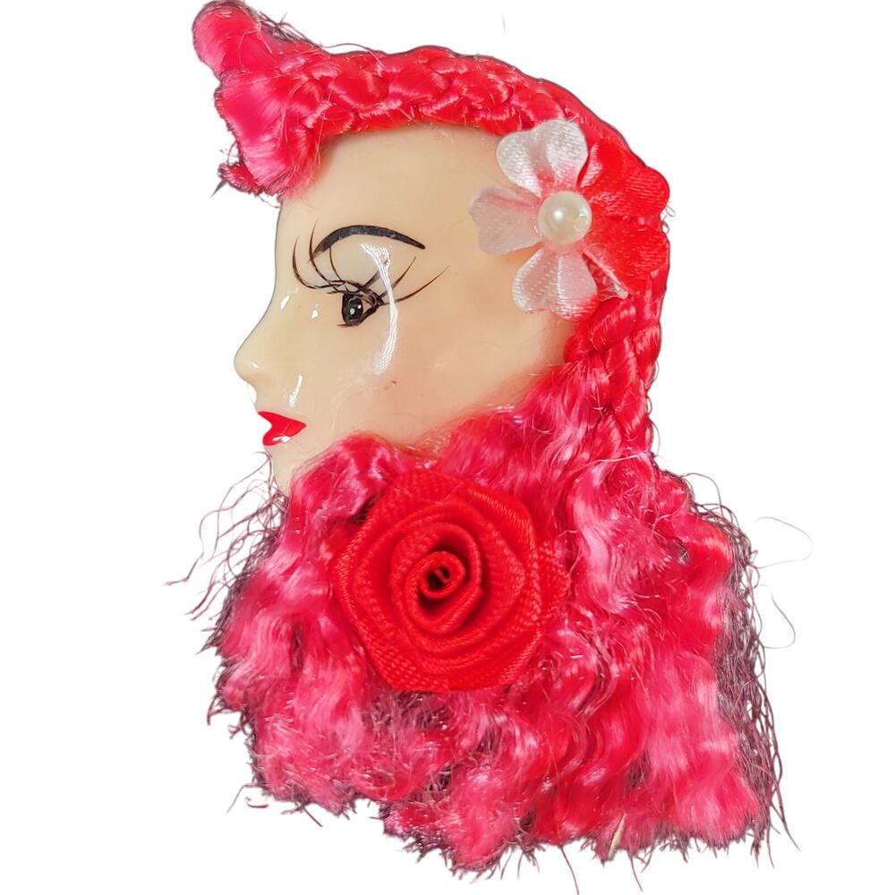 Glamour Lady Head Brooch Face Braided Red Hair Rose Flower Gift Box